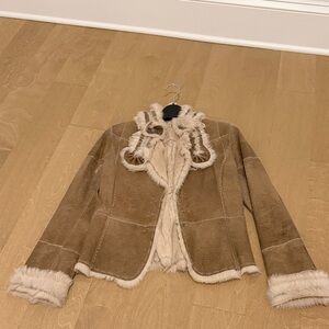 EliE Tahari Crackle Tan Leather / Rabbit fur Jacket XS